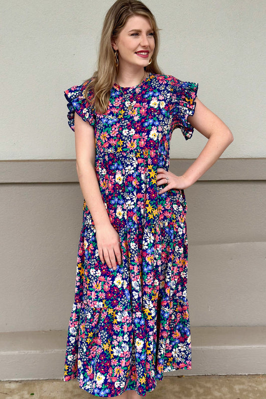 NAVY PICKING FLOWERS DRESS