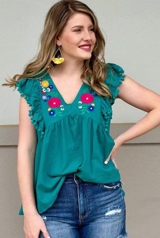 TURQUOISE FLORAL POM POM TOP