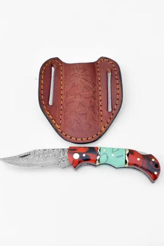 Damascus Steel Pocket Knife Limited Run Red & Blue Resin