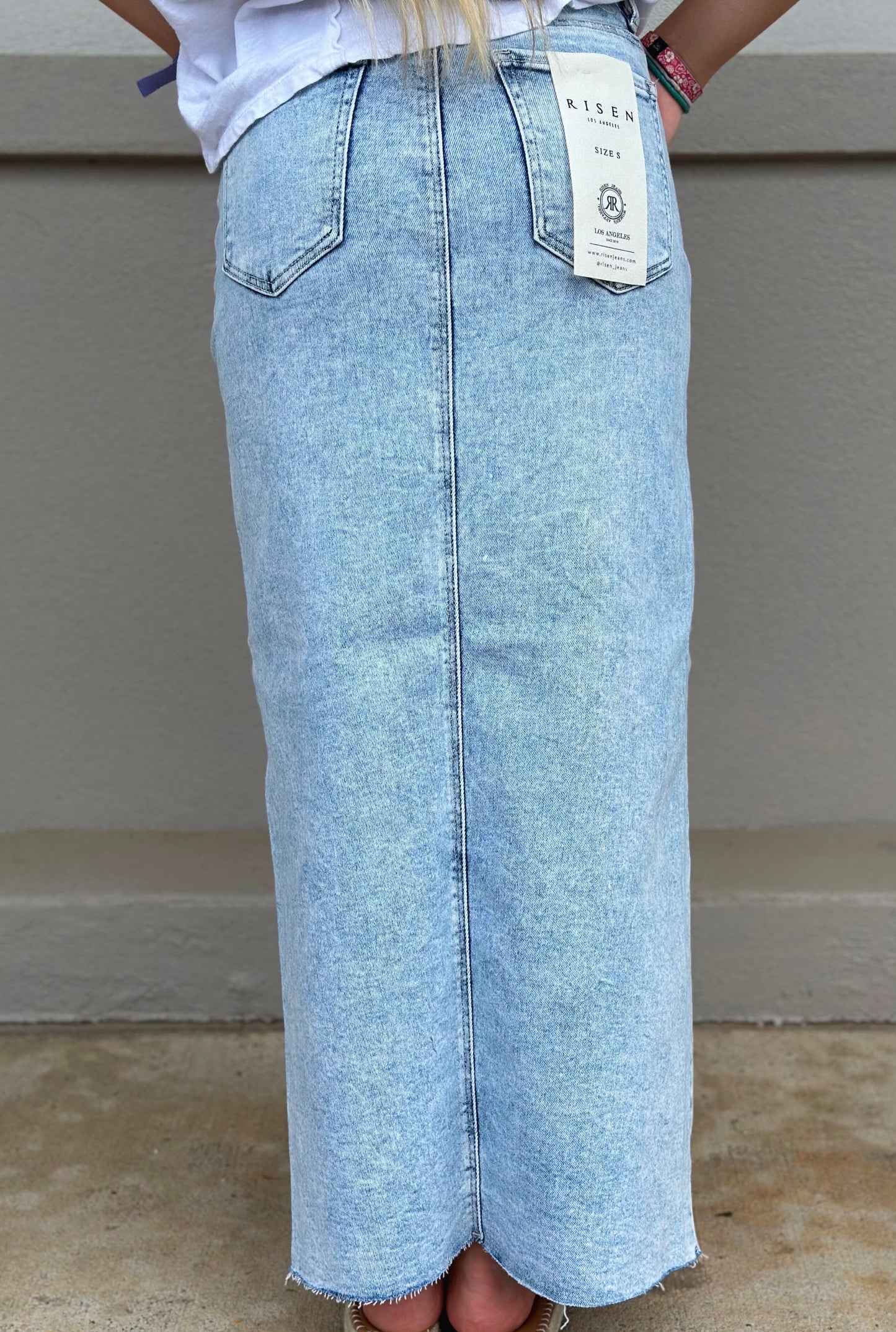 RISEN LIGHT DENIM MAXI SKIRT