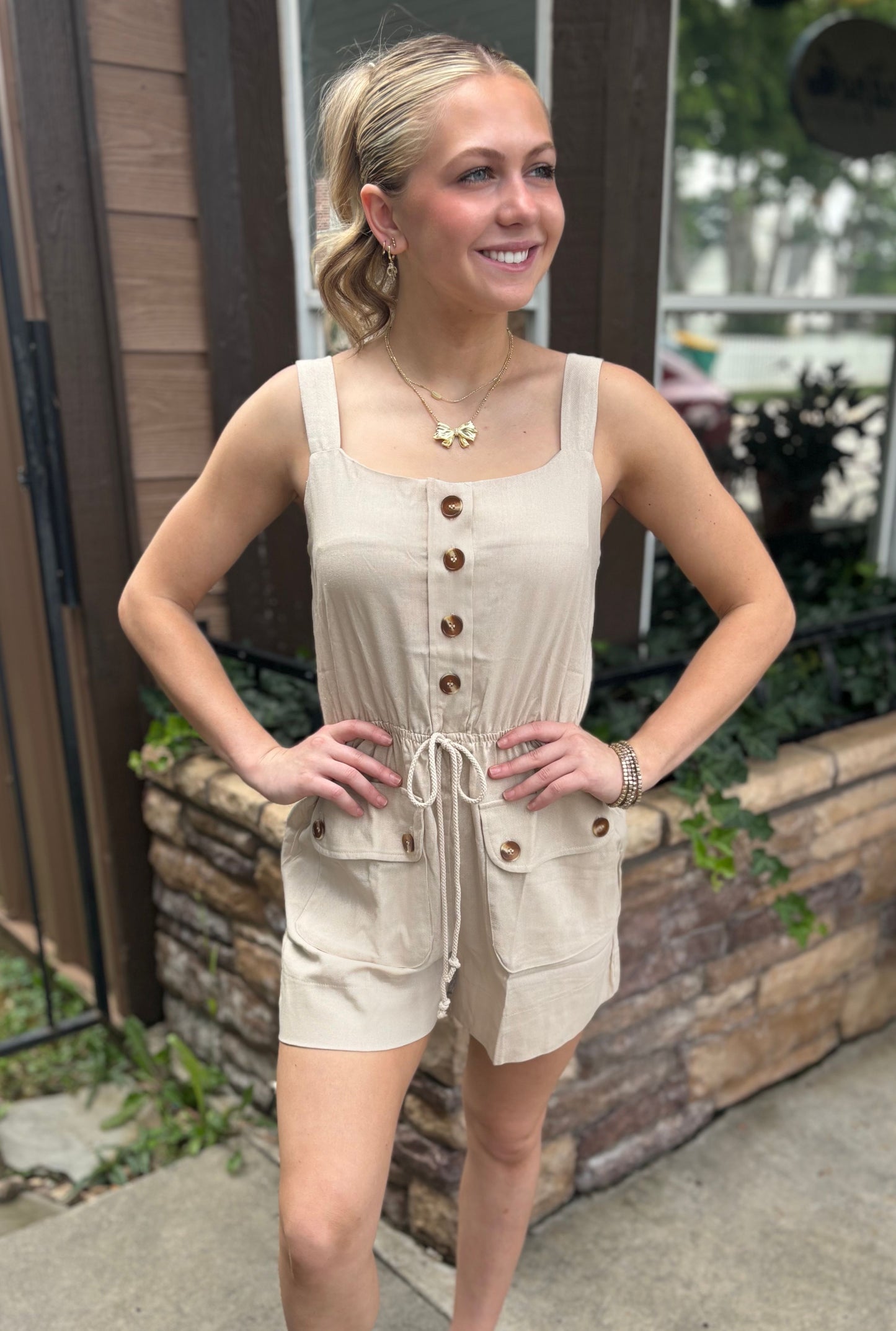 OATMEAL BUTTON DOWN ROMPER