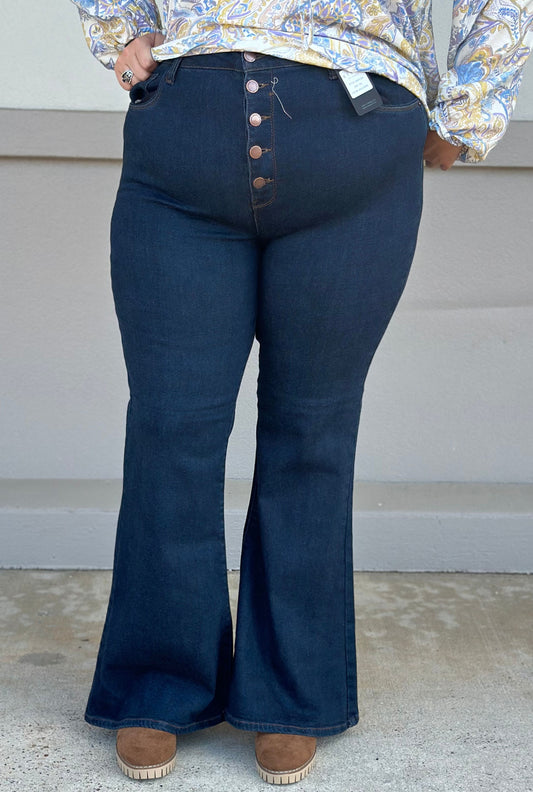 CURVY HIGH RISE BUTTON FLY FLARE JEANS