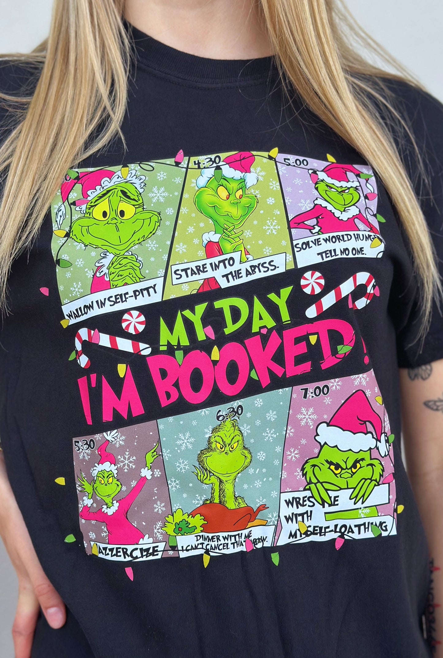 BLACK MY DAY I'M BOOKED GRINCH TEE