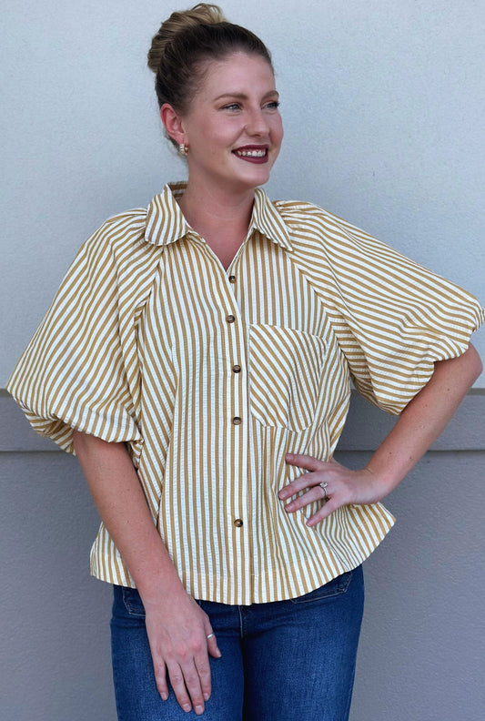 MUSTARD BUBBLE SLEEVE TOP