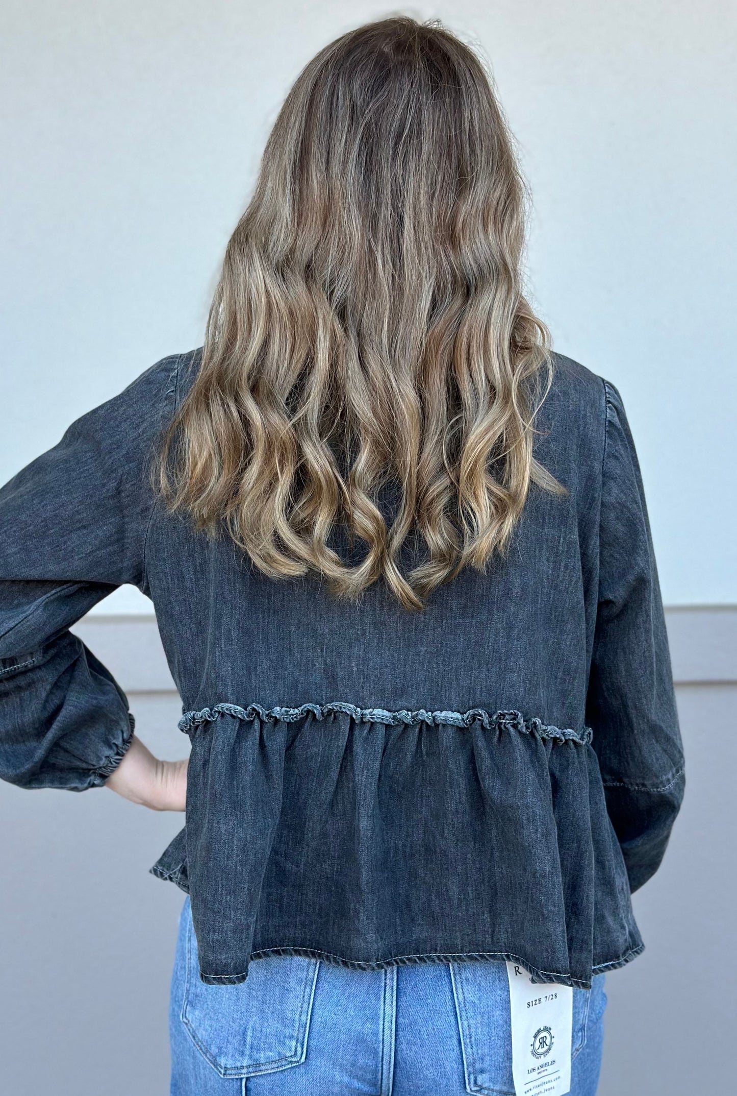 BLACK WASHED DENIM BOW TOP