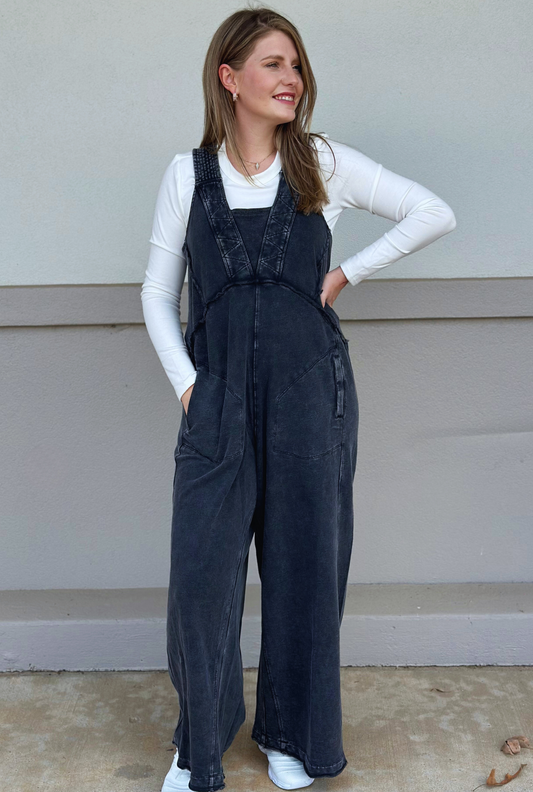 BLACK TERRY KNIT JUMPSUIT