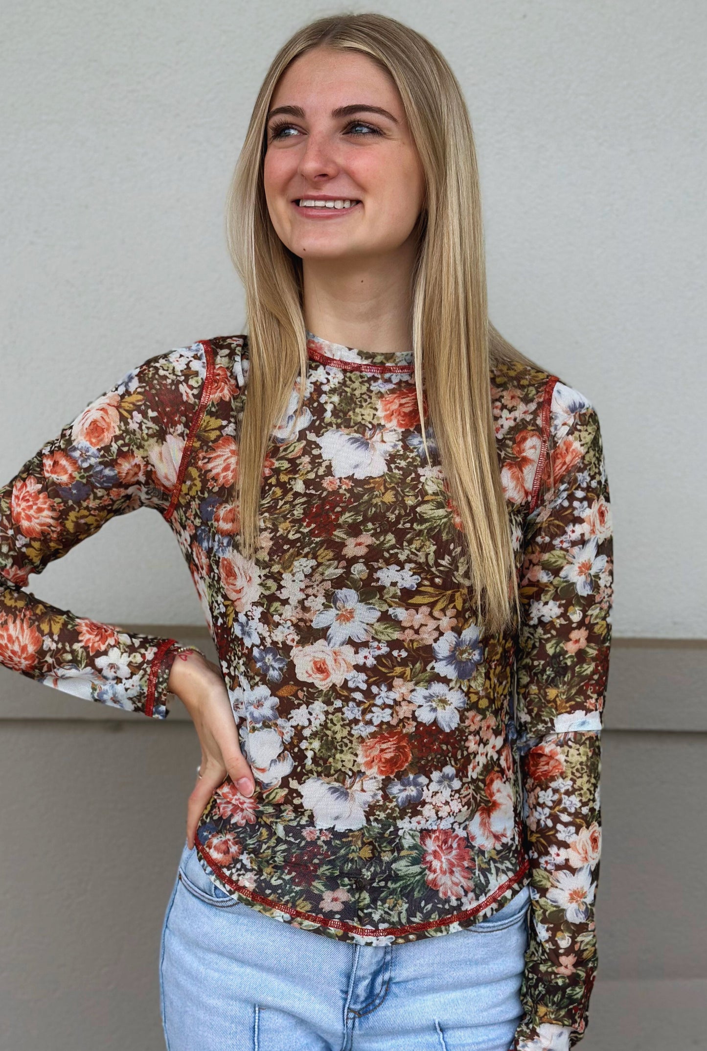 BROWN FLORAL MESH TOP