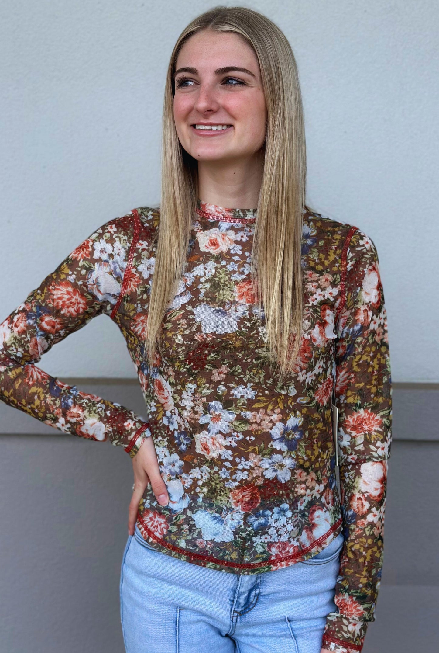 HAZELNUT FLORAL MESH TOP