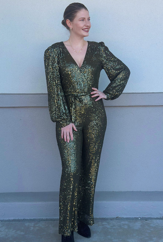 OLIVE SEQUIN JUMPSUIT