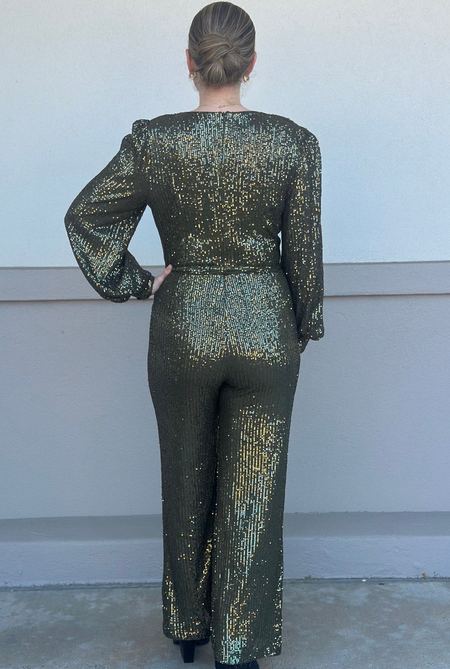 OLIVE SEQUIN JUMPSUIT