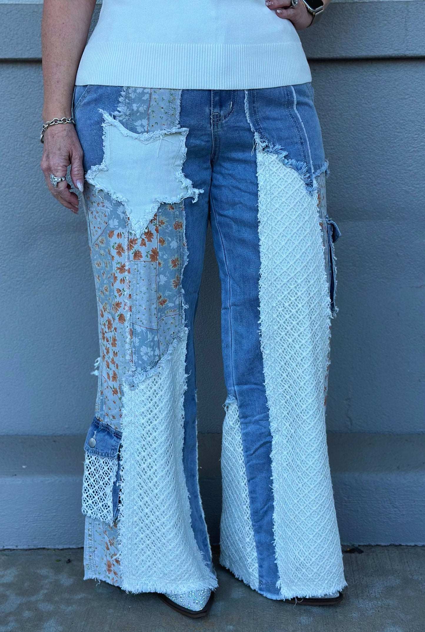 DENIM PATCHWORK DETAIL PANTS