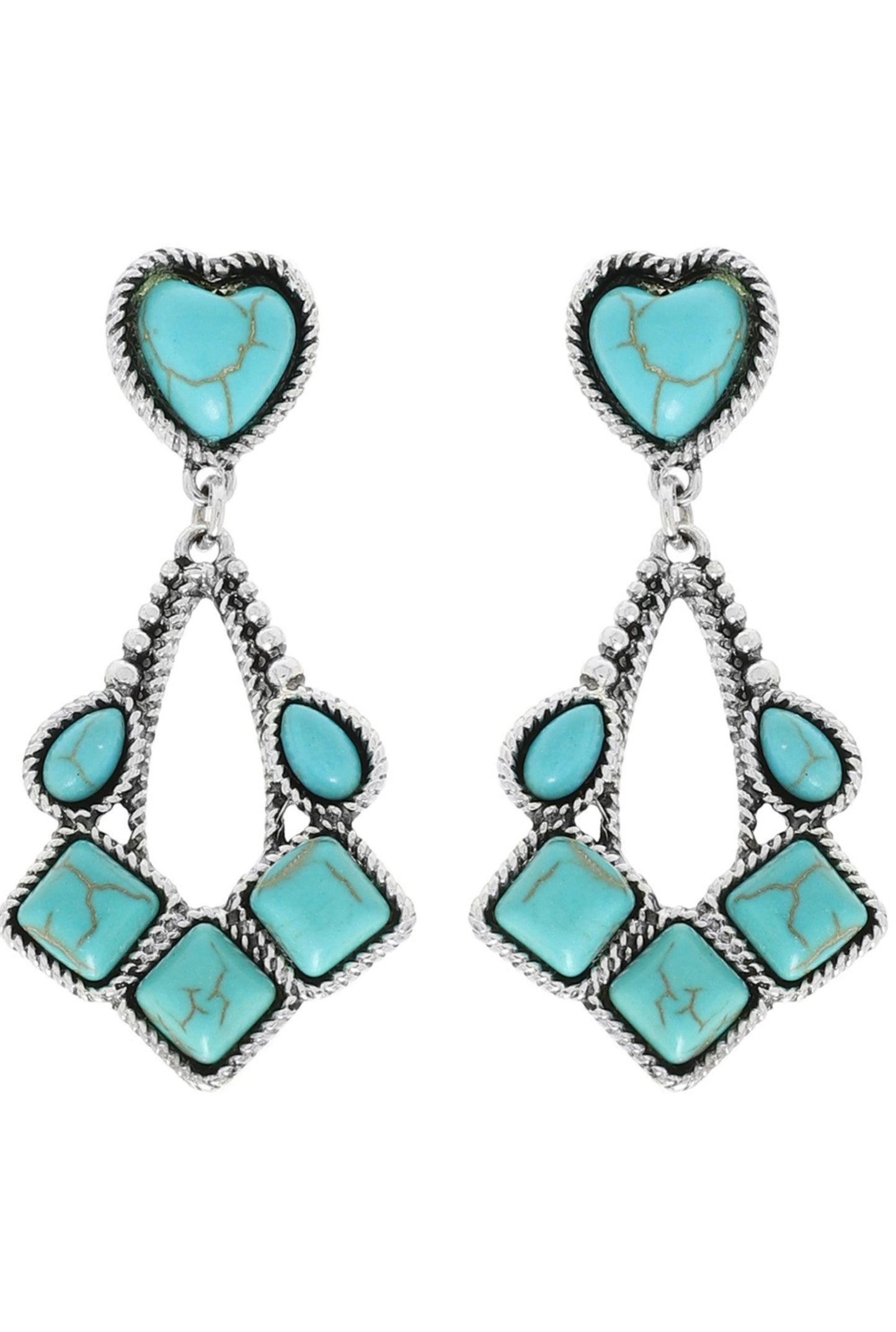 Western Jeweled Two Tier Heart Teardrop Earrings