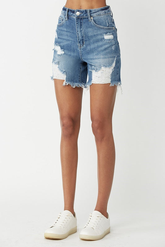 CURVY RISEN MID DISTRESSED SHORTS