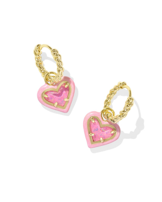 ARI HEART ENAMEL FRAME HUGGIE EARRINGS GOLD PINK IRIDESCENT GLITTER GLASS