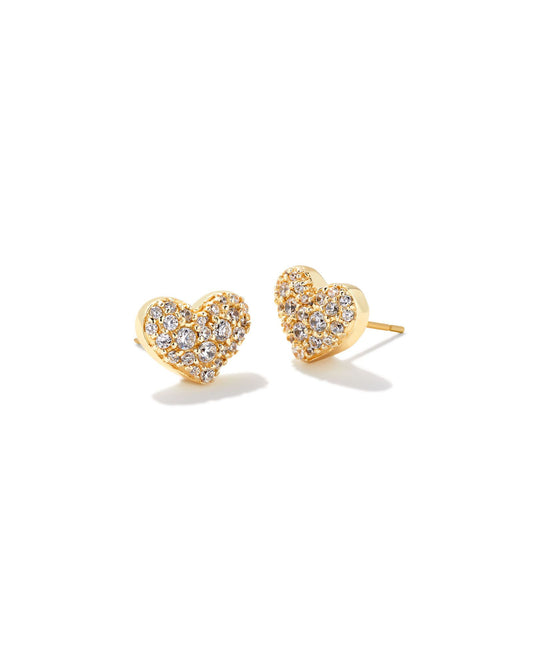 ARI PAVE CRYSTAL HEART EARRINGS GOLD METAL WHITE CZ