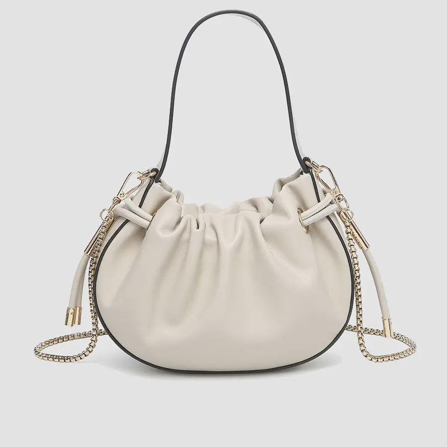 Thalia Ruched Bucket Bag w/ Drawstring and Chain Strap