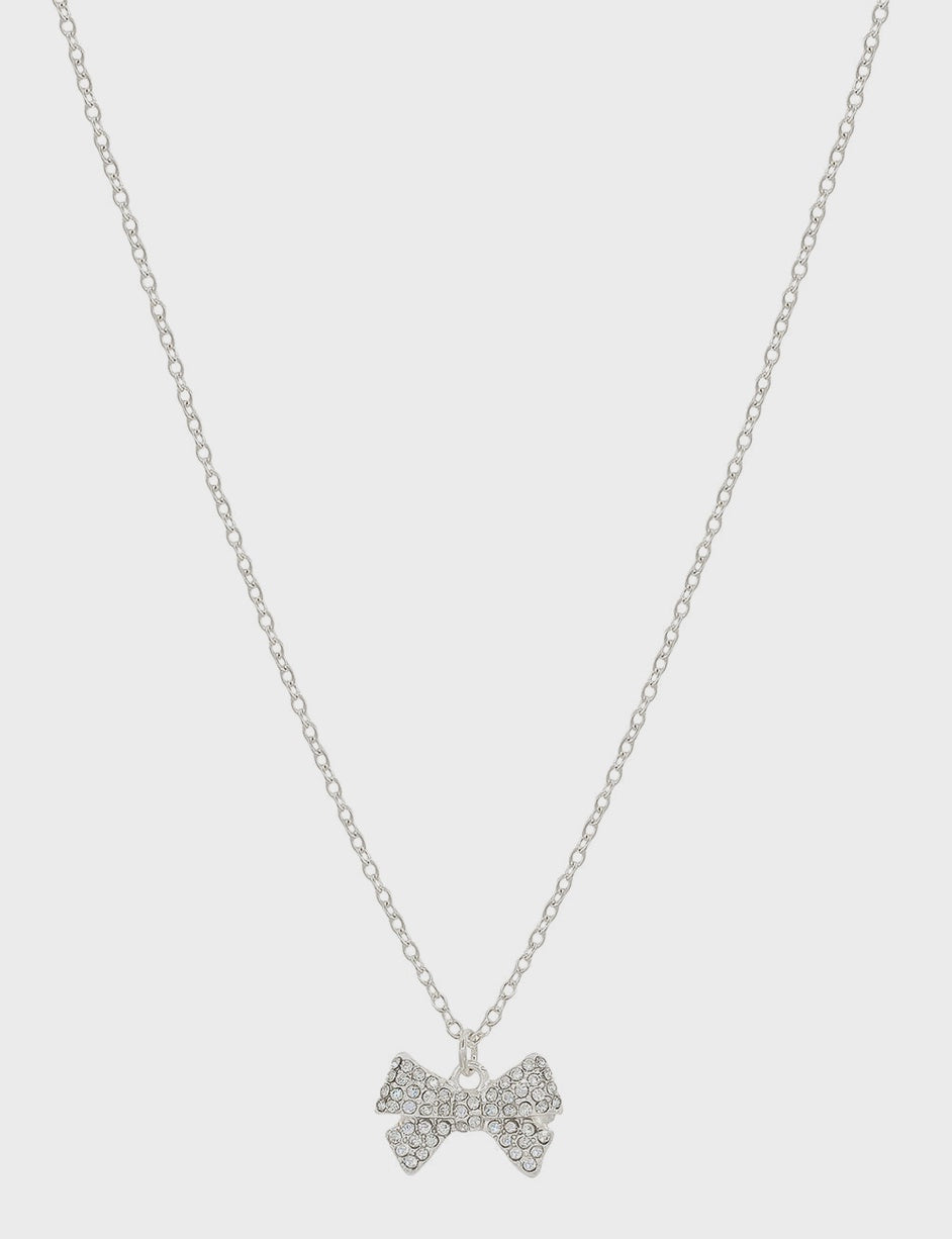 Silver Chain with Small Rhinestone Bow 16"-18" Necklace