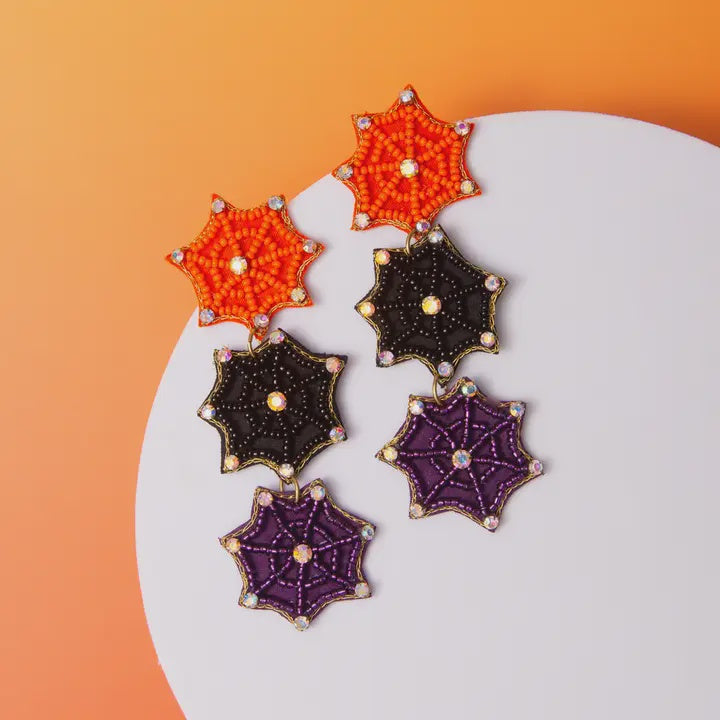 Halloween Spider Web Beaded Dangle Earrings