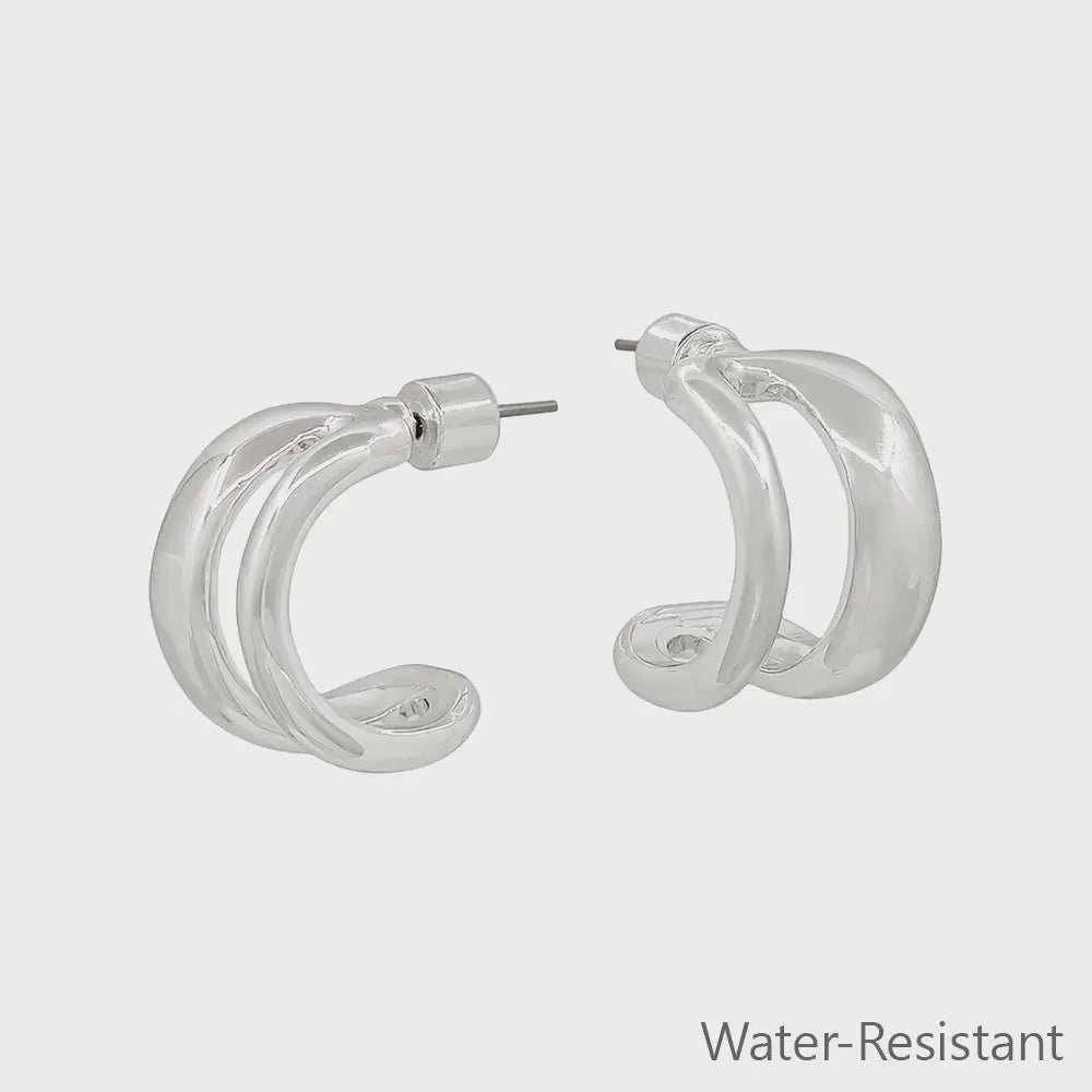 Water Resistant Silver Open Double Layered Huggie Hoop Earring