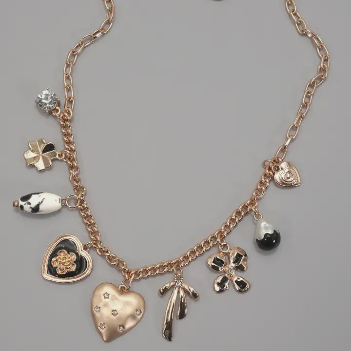 Charm Necklace-Heart Bow Pearl Flower