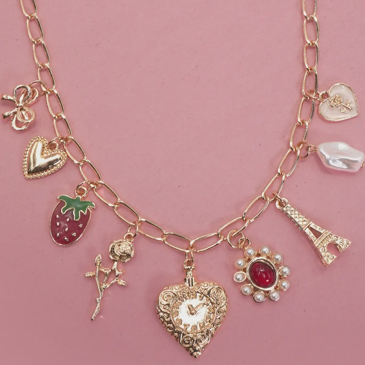 Charm Necklace-Heart Bow Rose Strawberry Eiffel