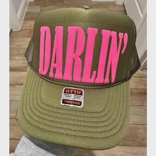 3D Puff Vinyl Darlin Neon Pink On Olive Foam Trucker Hat