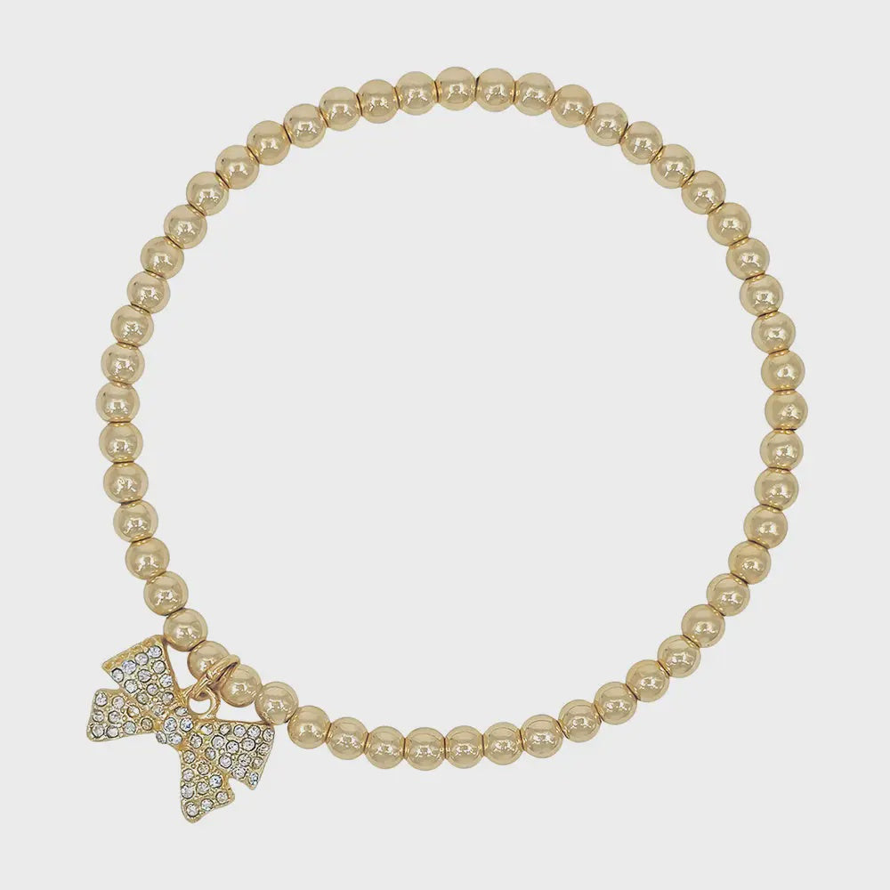 Beaded Stretch Bracelets with Gold Rhinestone Bow Charm