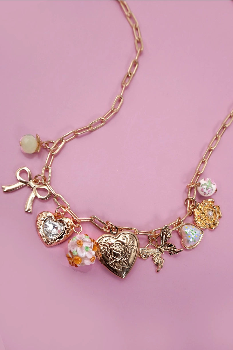 Charm Necklace-Heart Locket Butterfly Bow Flower