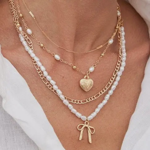 Beautiful Bow Pearl Heart Pendant Layered Necklace