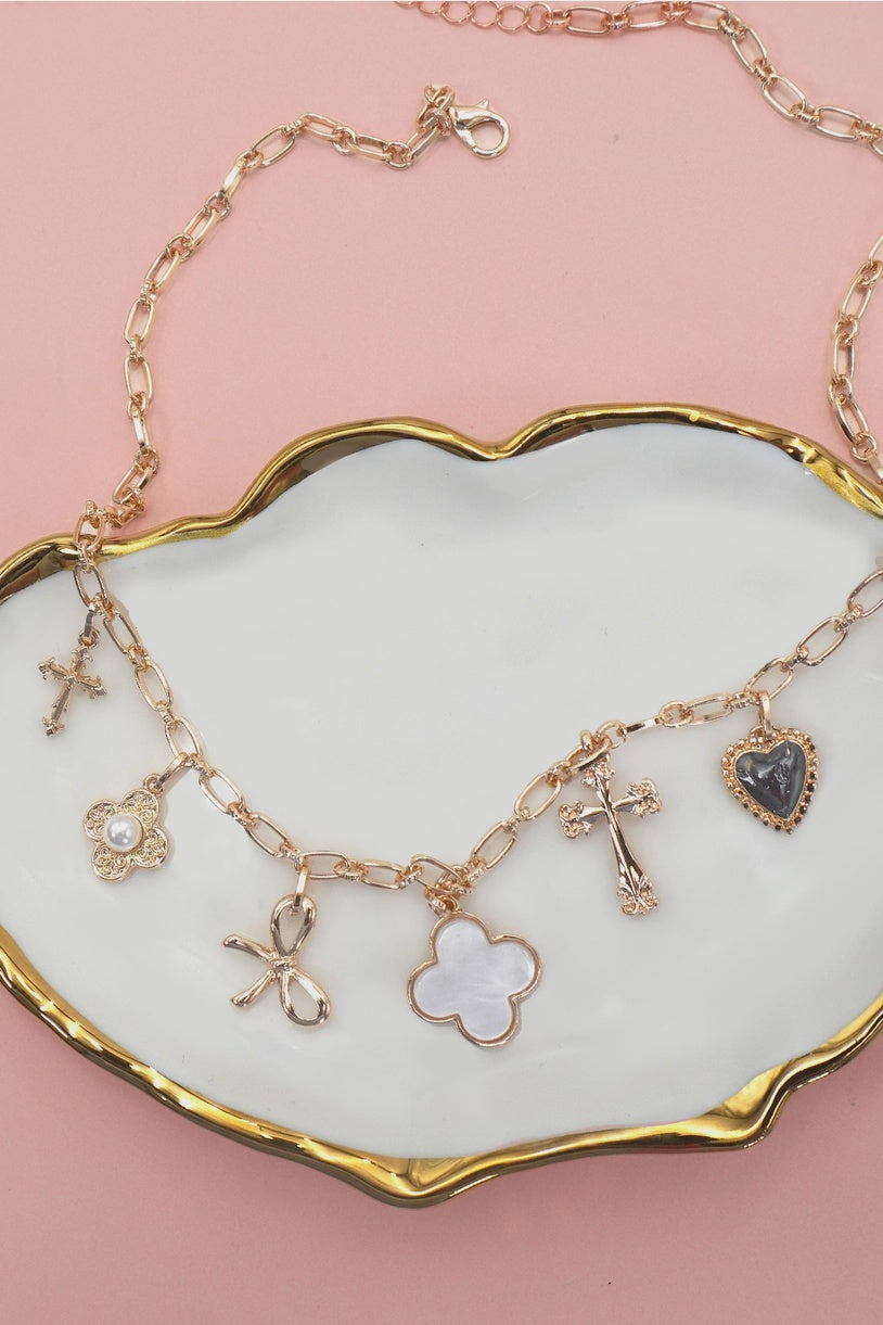 Charm Necklace-Clover Bow Cross Heart Flower