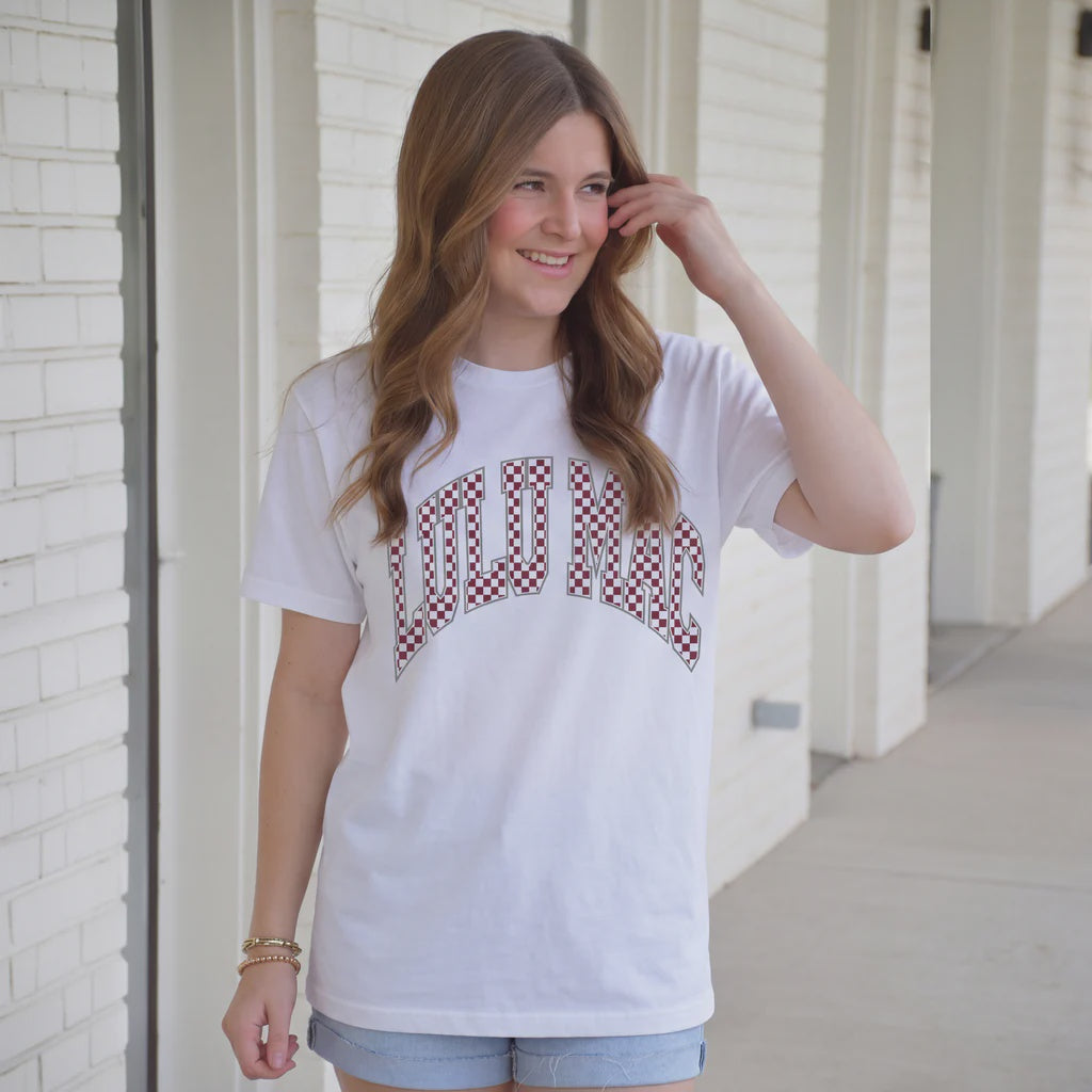 WHITE MAROON CHECKED LM TEE