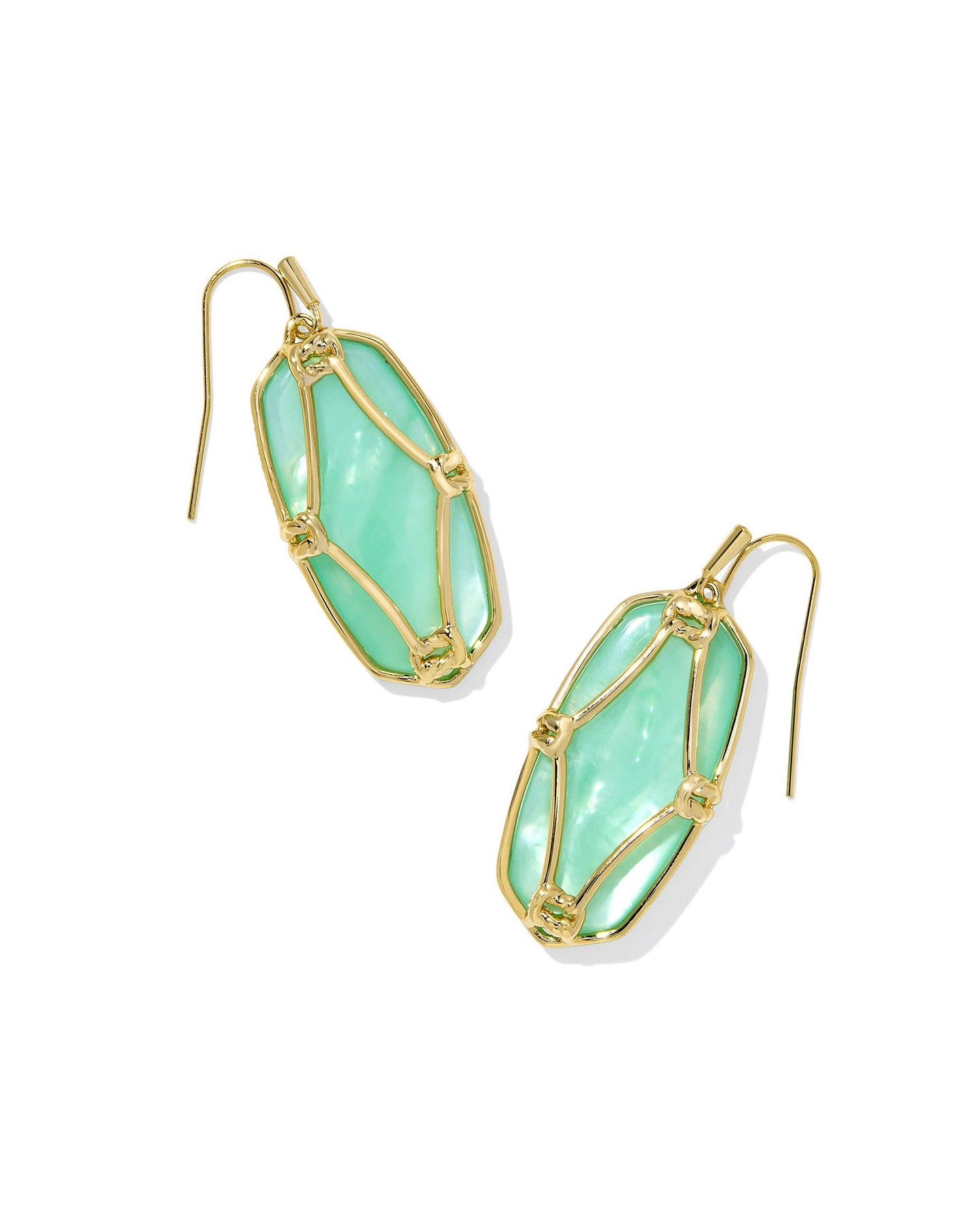 ELLE LATTICE FRAME DROP EARRINGS GOLD LIGHT GREEN MOTHER OF PEARL