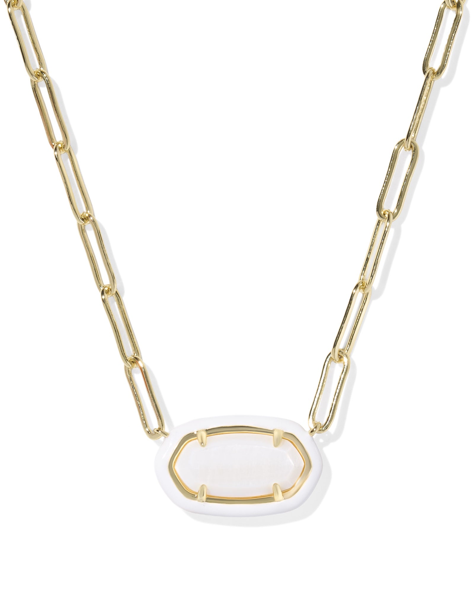 ELISA ENAMEL FRAME PAPERCLIP NECKLACE GOLD WHITE MOTHER OF PEARL