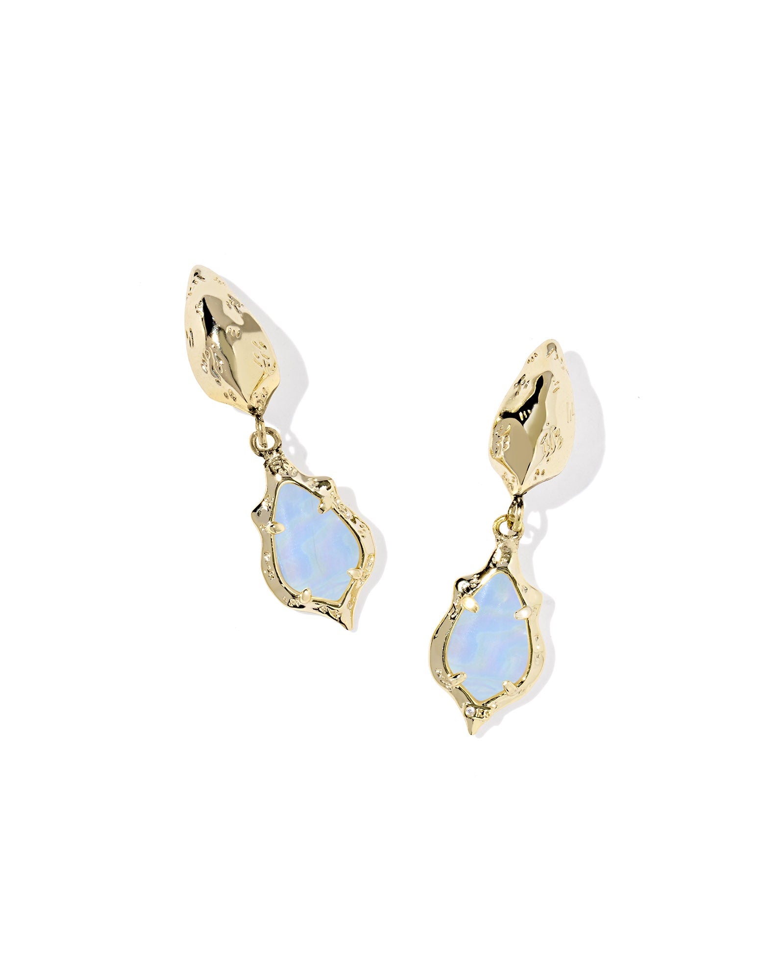 ADRIANA SCALLOP FRAME HUGGIE EARRINGS GOLD SKY BLUE IRIDESCENT ABALONE