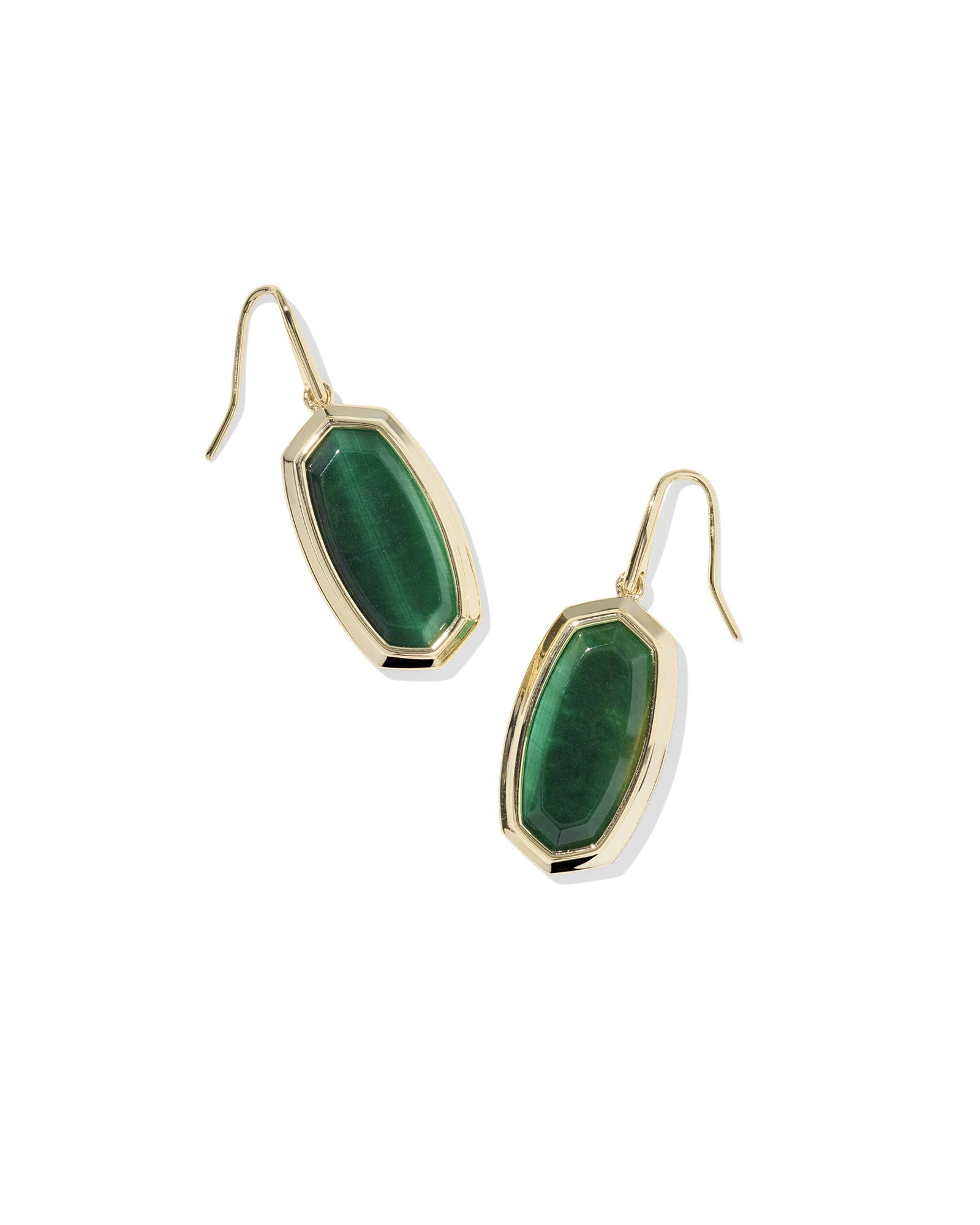 DANI BEZEL DROP EARRINGS GOLD GREEN TIGERS EYE