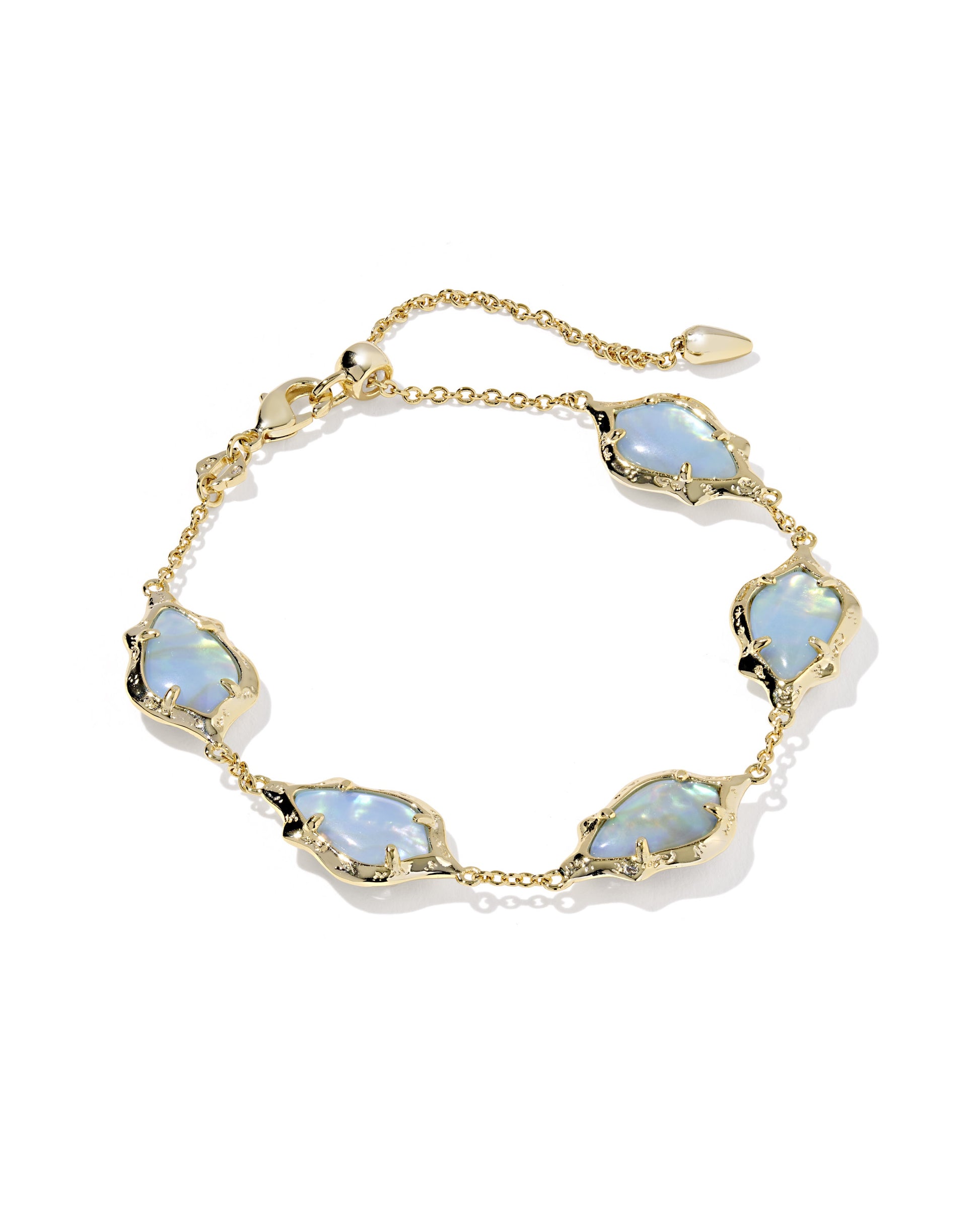 ADRIANA SCALLOP FRAME DELICATE CHAIN BRACELET GOLD SKY BLUE IRIDESCENT ABALONE