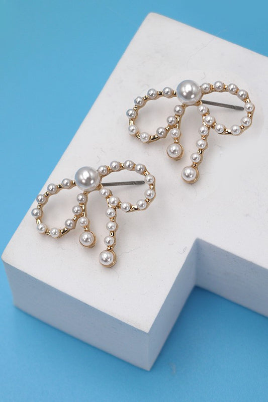 ELEGANT PEARL BOW STUD EARRINGS