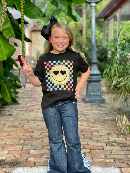 Rainbow Checkerboard Smiley Kids Tee