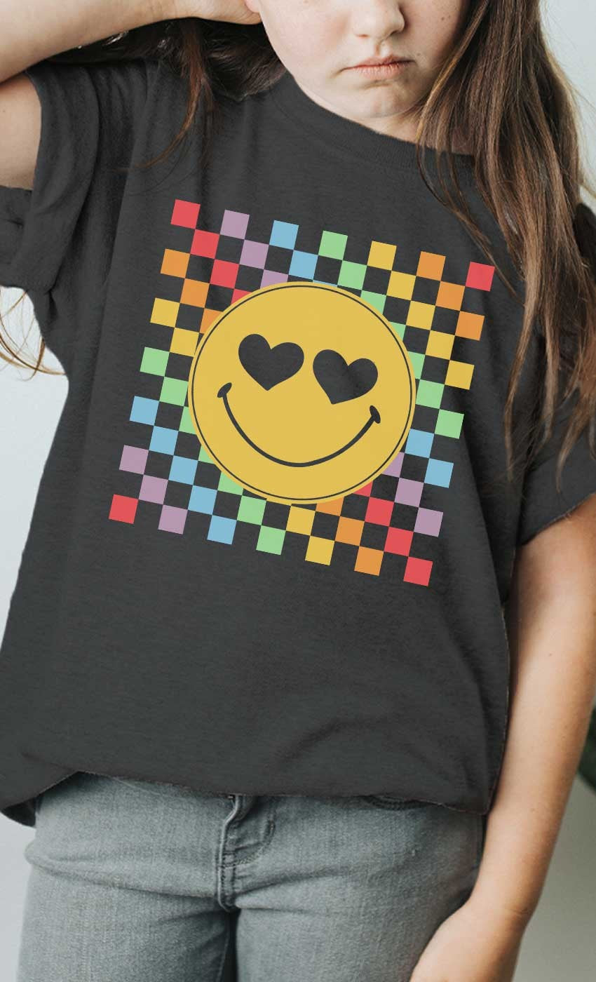 Rainbow Checkerboard Smiley Kids Tee
